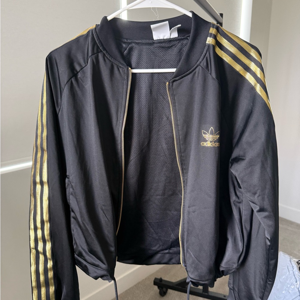 Adidas Women's Black Bomber Jacket with Gold Accents